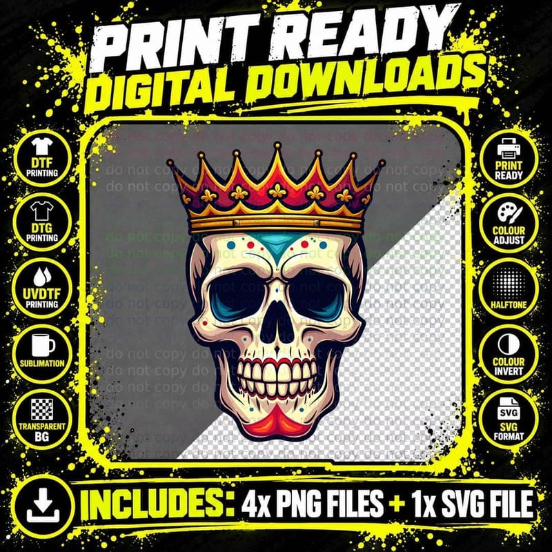 White Skull Crown Colorful Details T-Shirt Png SVG Digital Bundle