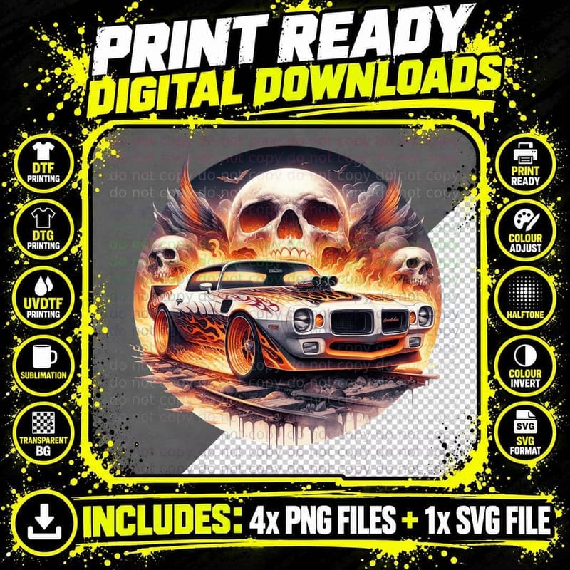 White Sports Car Skull Wings Flaming Dark Muscle T-Shirt Png SVG Digital Bundle