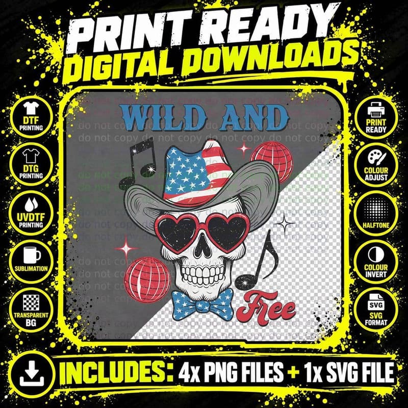 Wild and Free Western T-Shirt, Skull Wearing Sunglasses Png SVG Digital Bundle