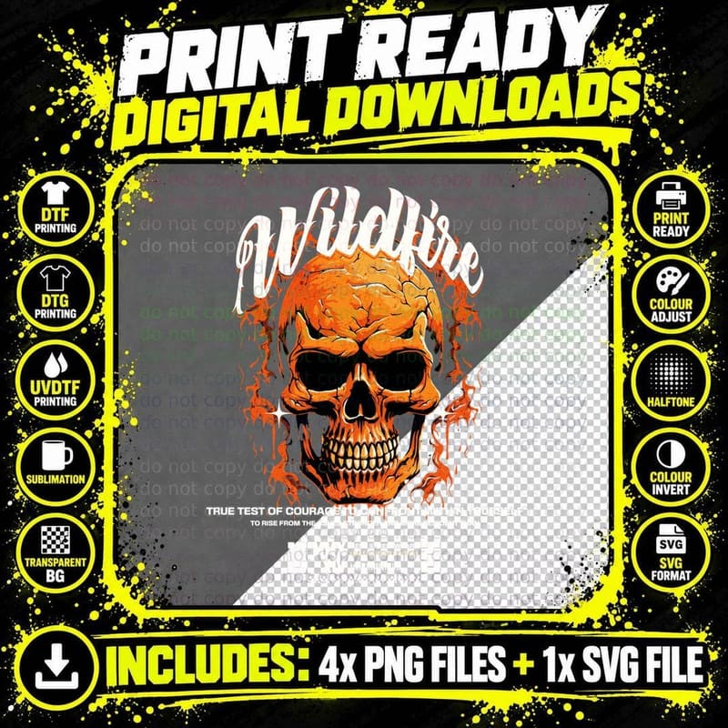 Wildfire Skull Orange Fire Extreme Streetwear T-Shirt Png SVG Digital Bundle