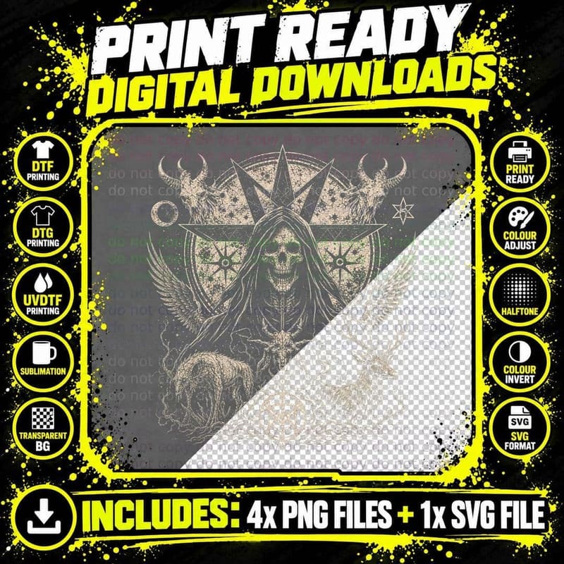 Winged Reaper Pentagram Stag T-Shirt Occult Gothic Png SVG Digital Bundle