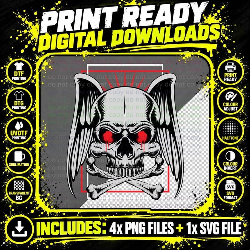 Winged Skull Wings Red Eyes Halo Crossbones Holy Death Png SVG Digital Bundle