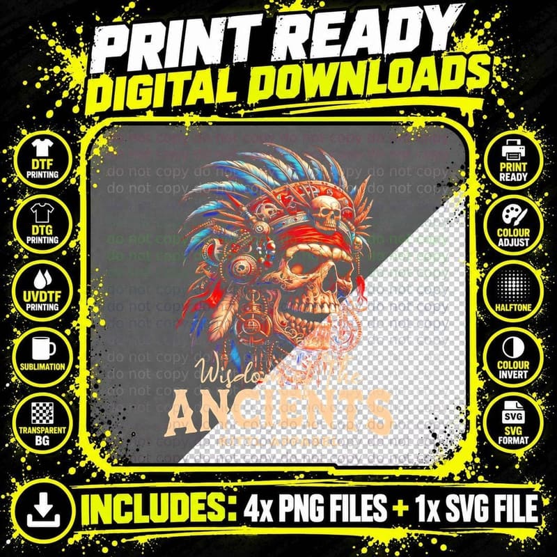 Wisdom of the Ancients T-Shirt, Native American Skull Png SVG Digital Bundle