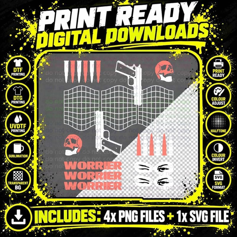 Worrier Text Y2k Streetwear Red Guns Skull Daggers Png SVG Digital Bundle