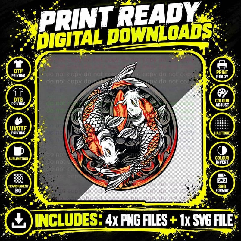 Yin Yang Koi Fish T-Shirt, Japanese Tattoo Art Png SVG Digital Bundle