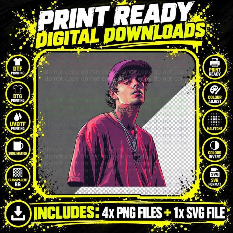 Young Male Rapper Streetwear Vector Portrait Purple Cap Png SVG Digital Bundle