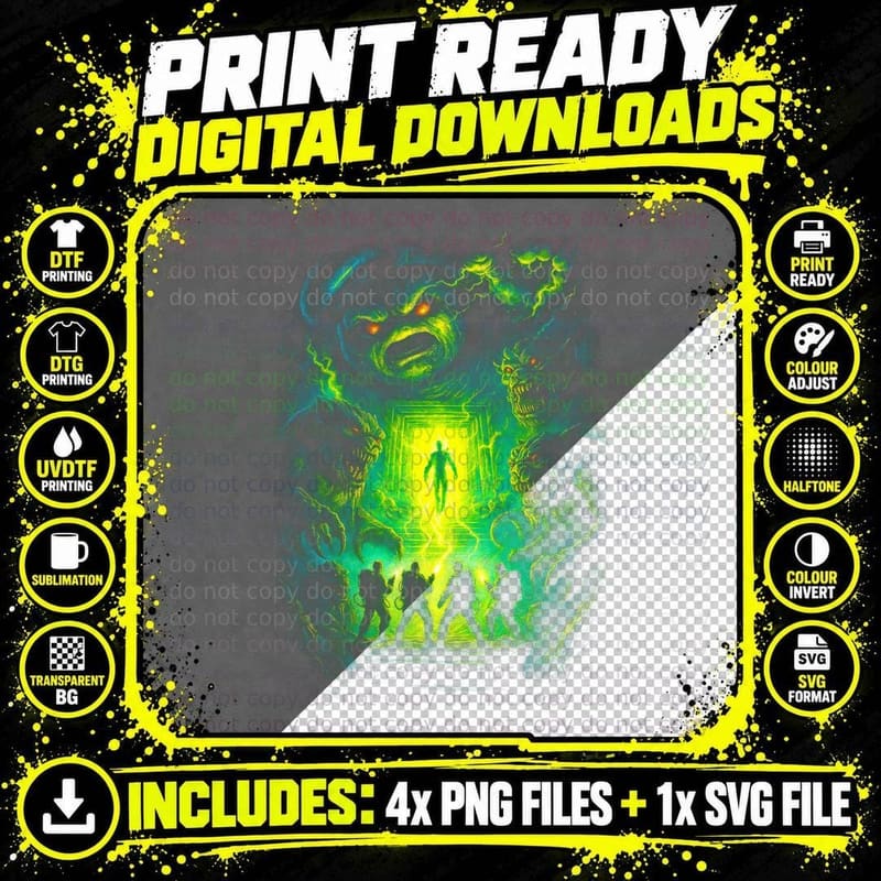 Alien Demon T-Shirt, Halftone Horror Monster Graphic Tee Png SVG Digital Bundle
