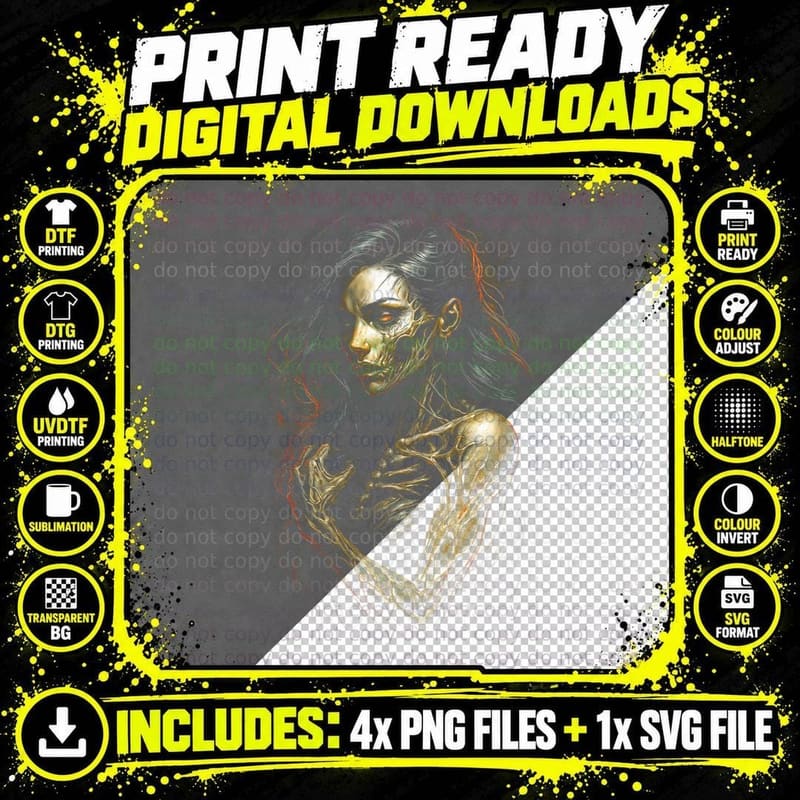 Anatomical Skeleton Girl T-Shirt, Halftone Horror Gore Png SVG Digital Bundle
