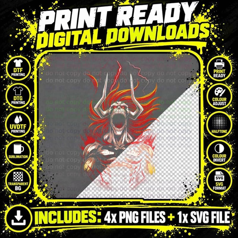 Anime Skeleton Demon T-Shirt, Halftone Flame Skull Png SVG Digital Bundle