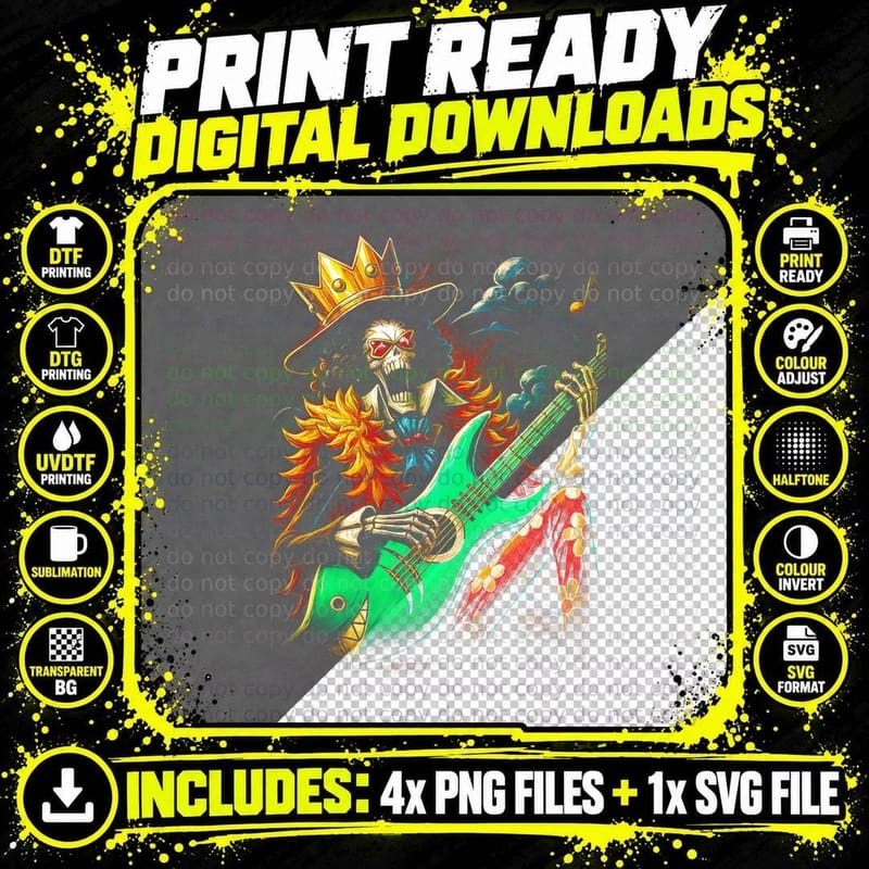 Anime Skull Guitarist T-Shirt, Halftone Skeleton Music Png SVG Digital Bundle
