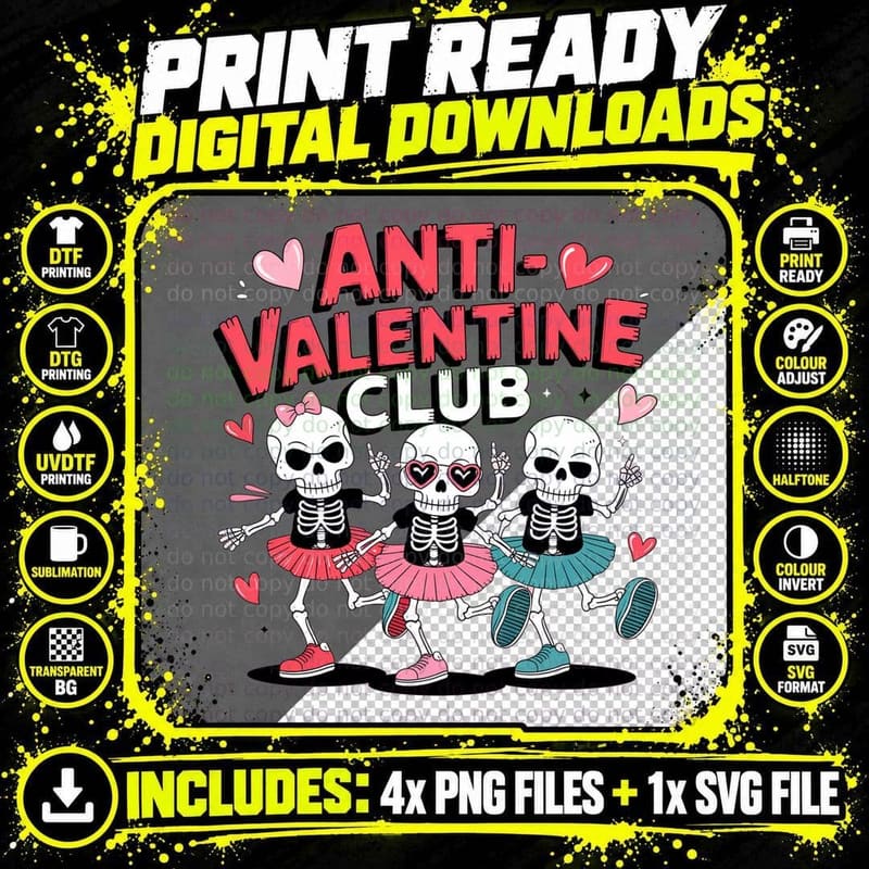 Anti Valentine Club Anti-Valentine Three Skeleton Png SVG Digital Bundle