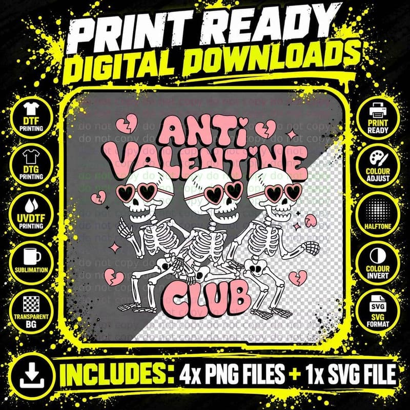 Anti Valentine Club Three Skulls Heart Eyes Skeleton Png SVG Digital Bundle