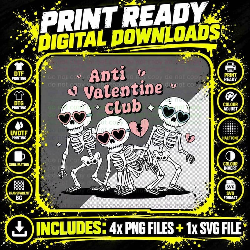 Anti Valentine Skeletons Club Skeleton Figures with Png SVG Digital Bundle