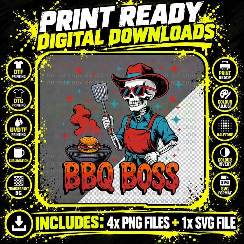 Bbq Boss BBQ T-Shirt, Skeleton Cooking Burger with Png SVG Digital Bundle