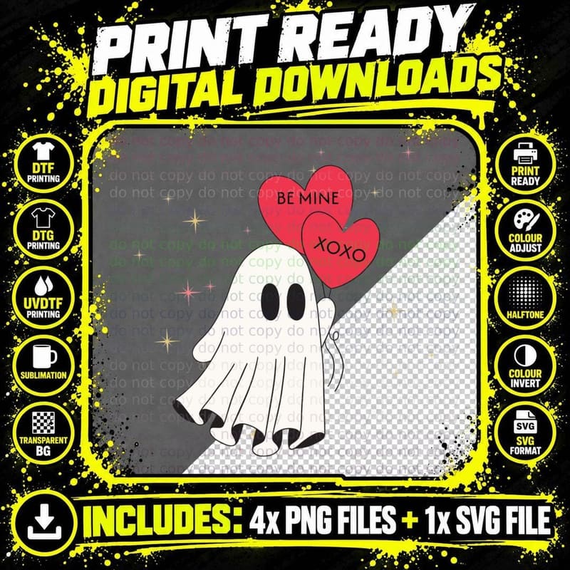 Be Mine XOXO Ghost Hearts Leopard Heart T-Shirt Png SVG Digital Bundle
