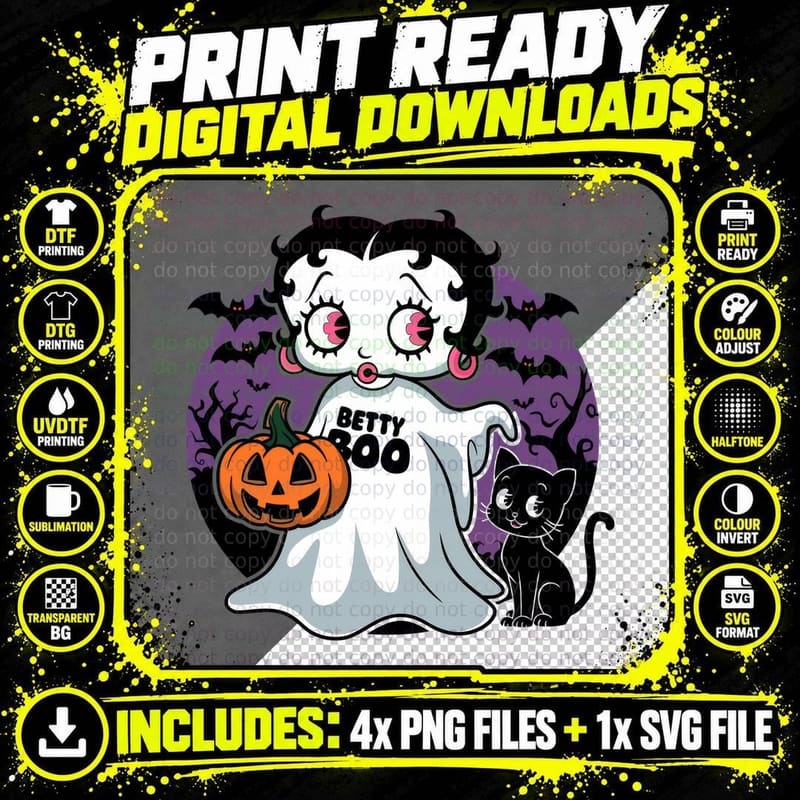 Betty Boo Cat T-Shirt, Halloween Ghost with Pumpkin and Png SVG Digital Bundle