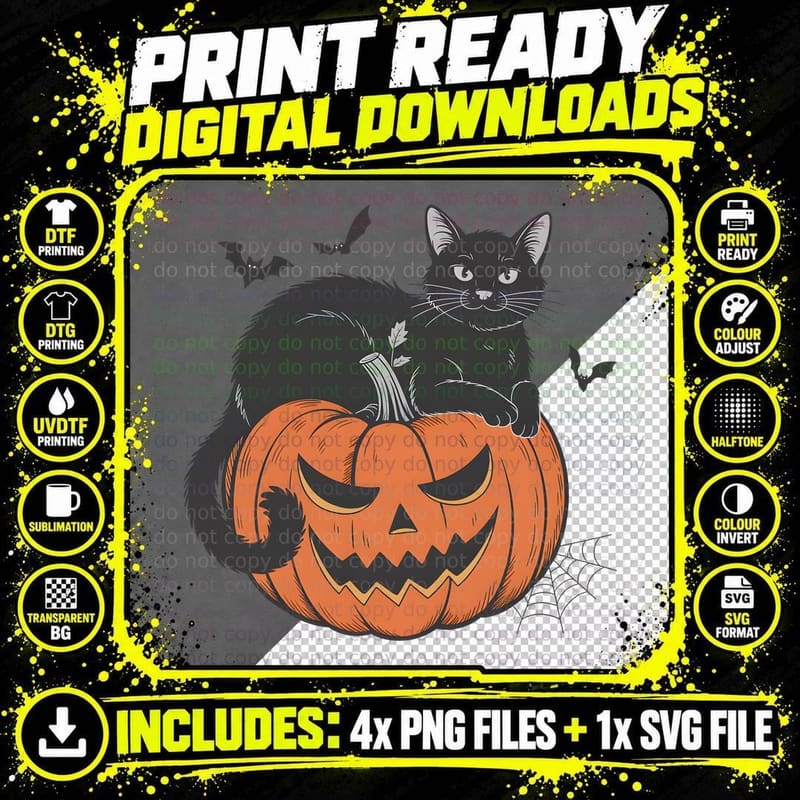 Black Cat Jack-O-Lantern Pumpkin Fall T-Shirt Png SVG Digital Bundle