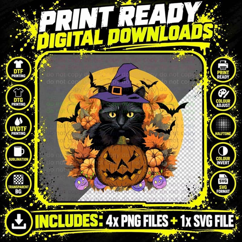 Black Cat Witch Pumpkin Fall T-Shirt Png SVG Digital Bundle