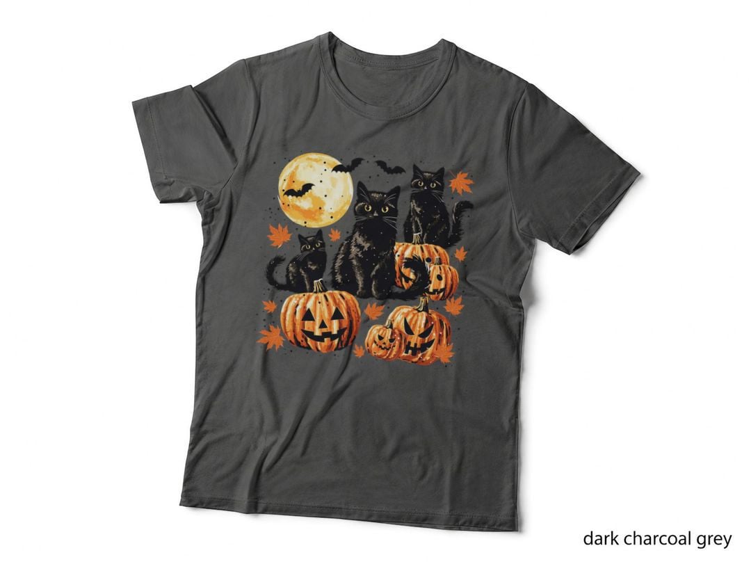 Black Cats Moon Pumpkins Halloween Fall T-Shirt, Autumn Season Graphic Tee
