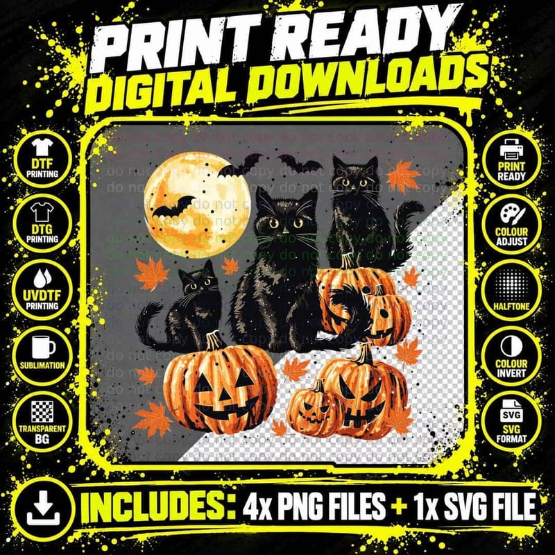 Black Cats Moon Pumpkins Halloween Fall T-Shirt Png SVG Digital Bundle