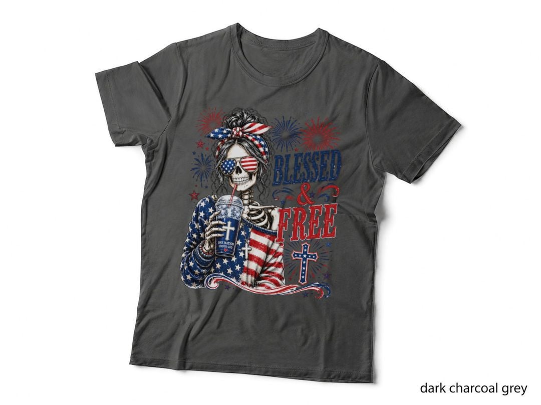 Blessed & Free Christian T-Shirt, Patriotic Skeleton Drinking Graphic Tee