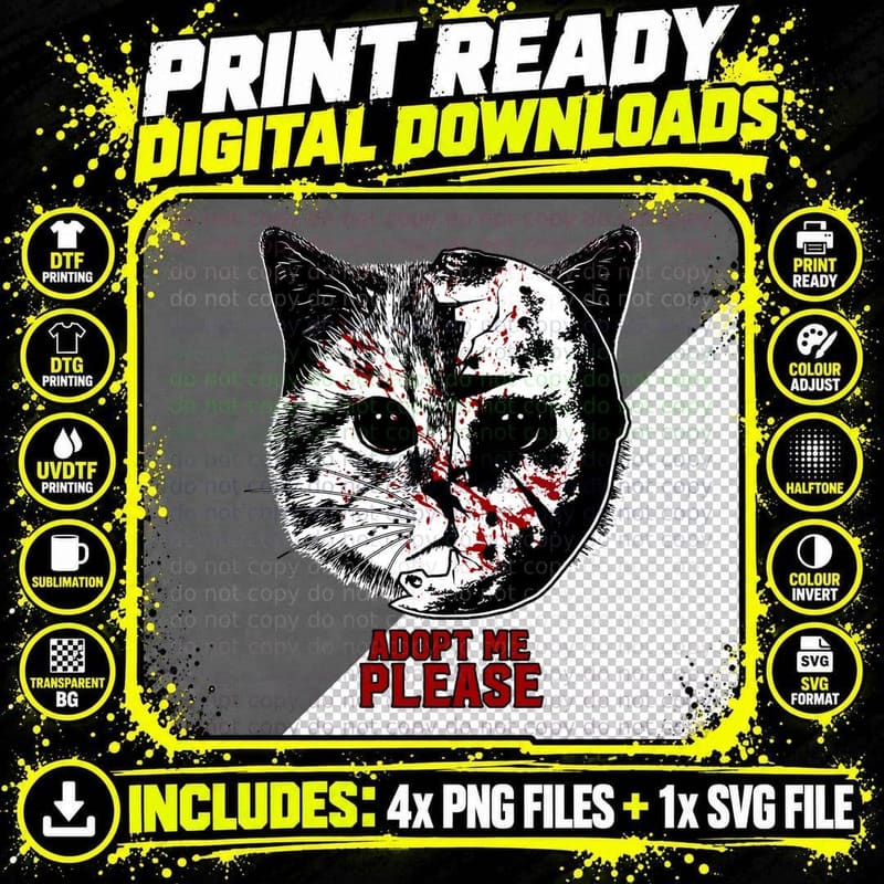Bloody Cat Adopt Me Please Horror Halloween Blood T-Shirt Png SVG Digital Bundle
