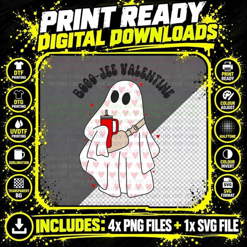 Boo-Jee Valentine Ghost Hearts Coffee Vintage T-Shirt Png SVG Digital Bundle