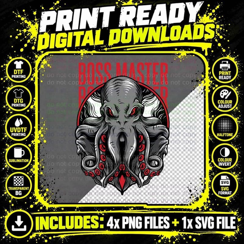 Boss Master Demon Octopus Creature Red White Horror Png SVG Digital Bundle