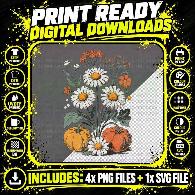 Botanical Pumpkins Daisies Flowers Fall T-Shirt Png SVG Digital Bundle