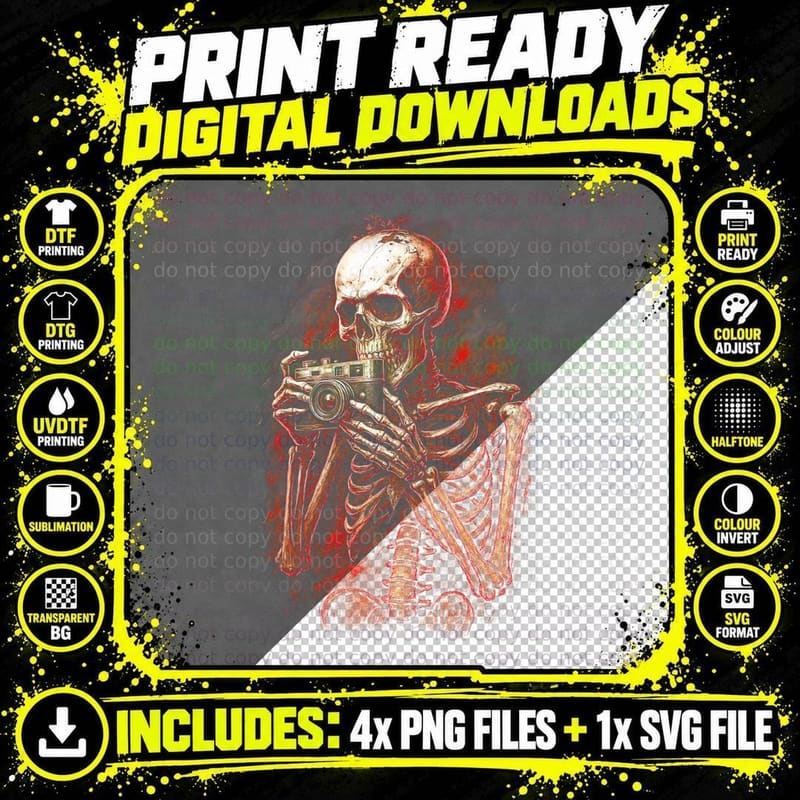 Camera Photographer Skull T-Shirt, Halftone Gothic Skull Png SVG Digital Bundle