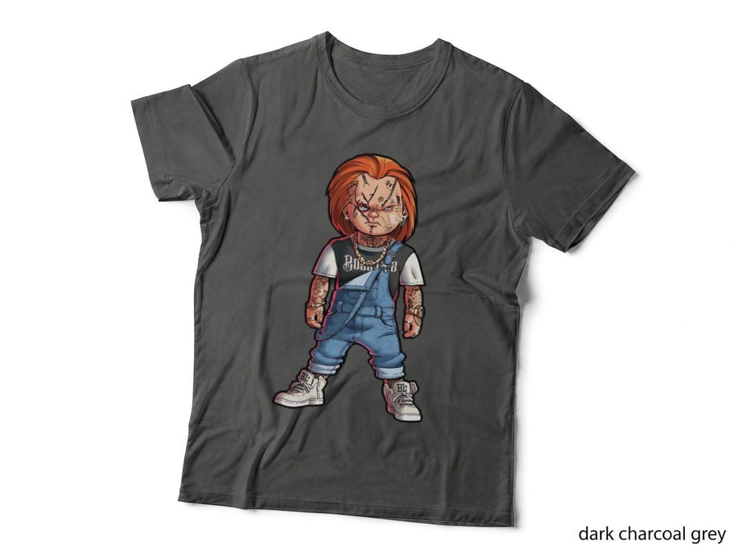 Cartoon Chucky Doll Red-Haired with Tattoos Horror Character Distressed T-Shirt
