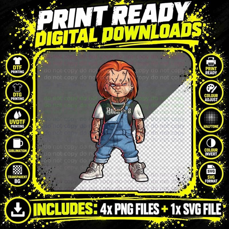 Cartoon Chucky Doll Red-Haired with Tattoos Horror Png SVG Digital Bundle