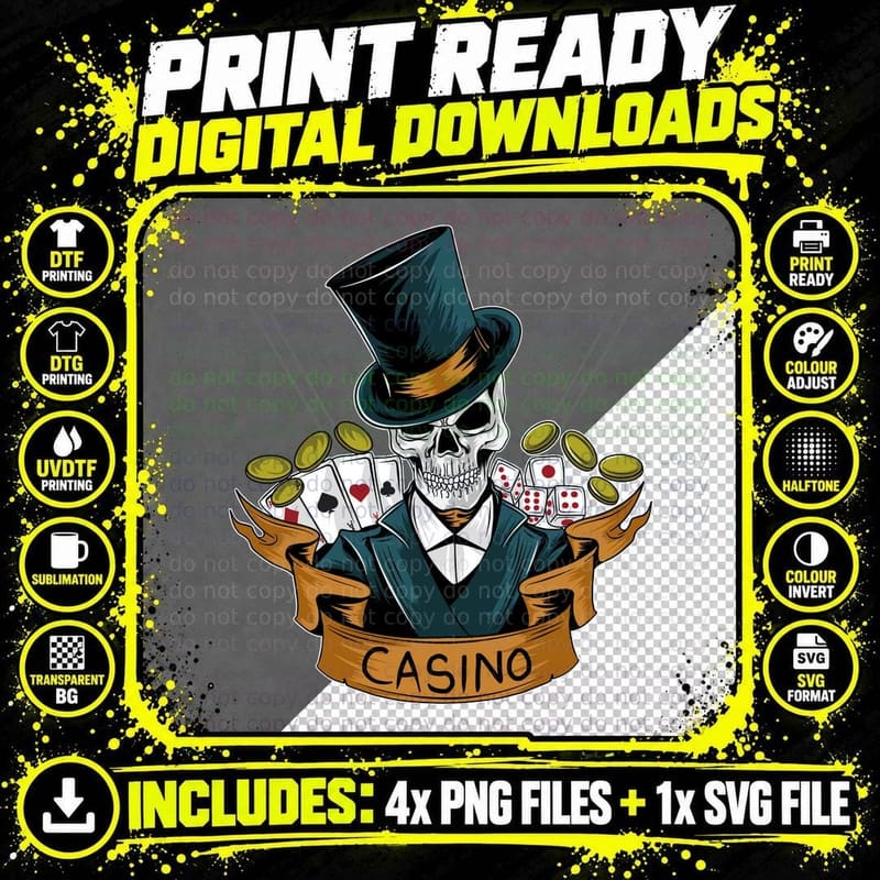 Casino Skeleton Gambler Skull with Top Hat Cards Coins Png SVG Digital Bundle