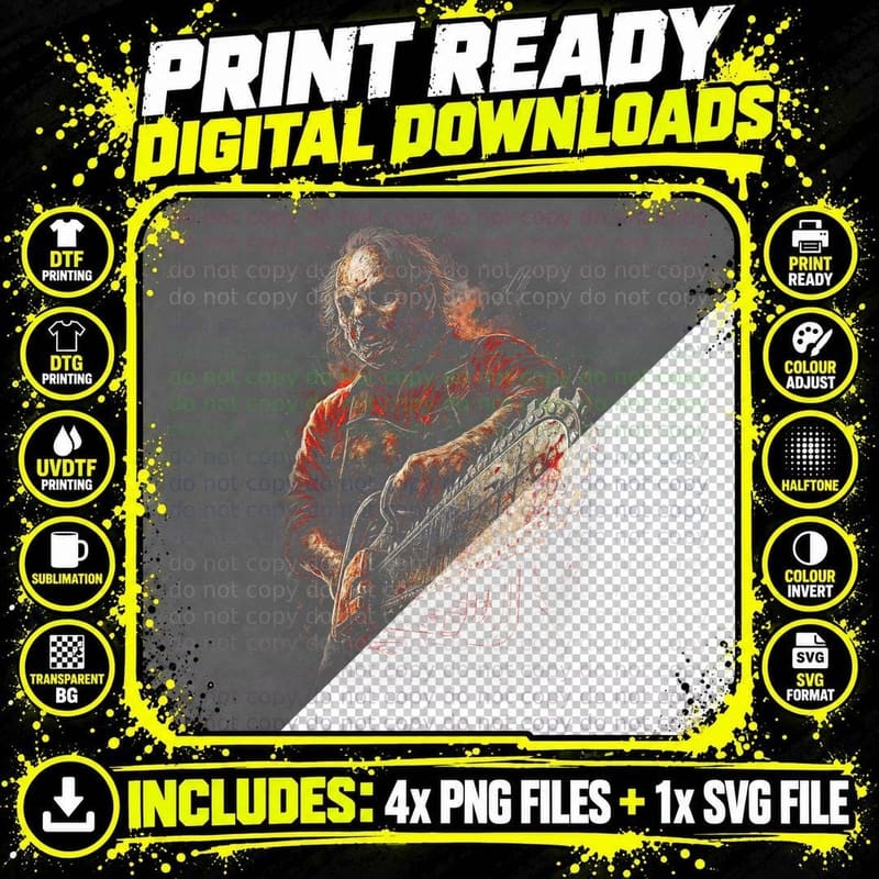 Chainsaw Killer T-Shirt, Halftone Horror Slasher Graphic Png SVG Digital Bundle