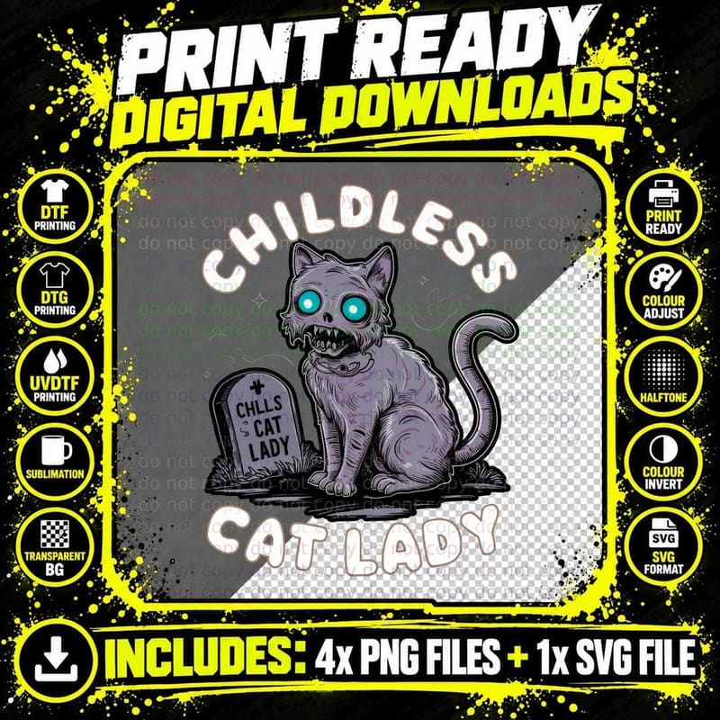 Childless Cat Lady Cat T-Shirt, Creepy Cat with Png SVG Digital Bundle