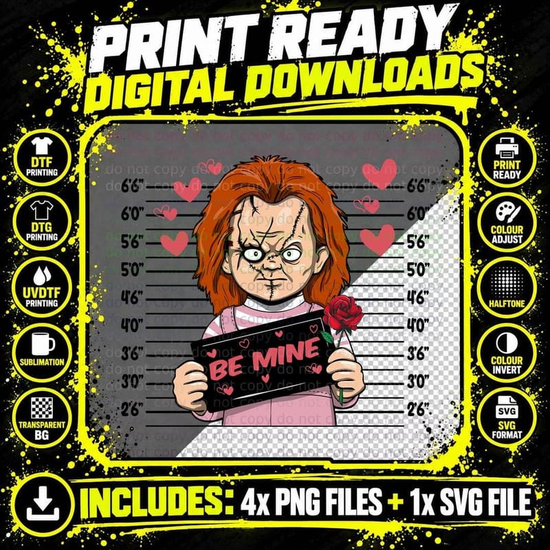 Chucky Be Mine Doll Heart Pink Horror T-Shirt Png SVG Digital Bundle