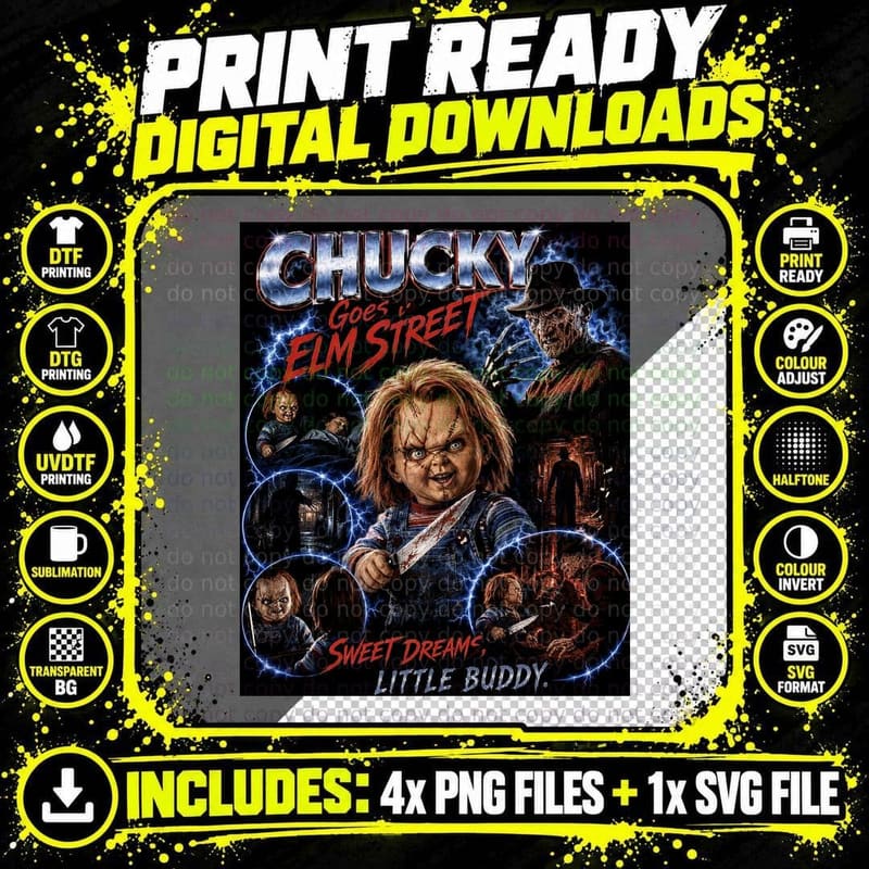 Chucky Goes to Elm Street Freddy Krueger Horror Vintage Png SVG Digital Bundle