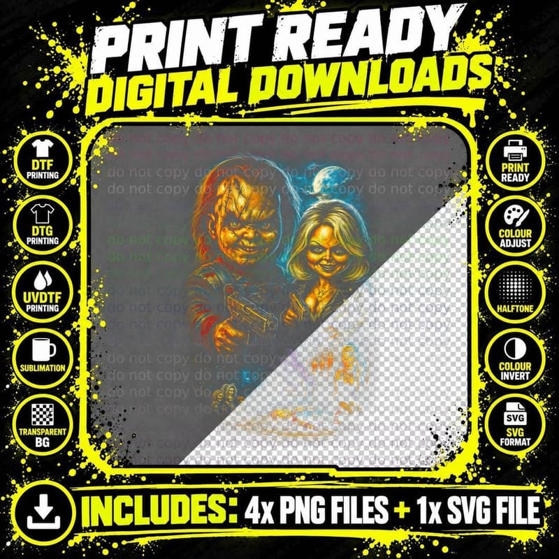 Chucky and Tiffany T-Shirt, Halftone Horror Doll Couple Png SVG Digital Bundle