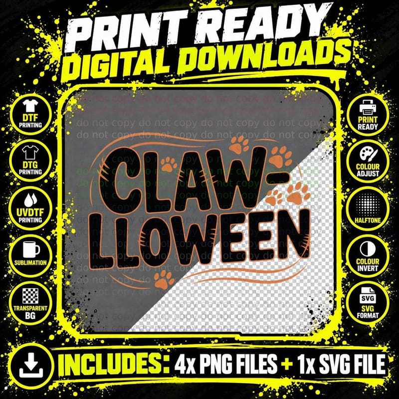 Claw-Loween Cat T-Shirt, Halloween-Themed Paw Prints Png SVG Digital Bundle