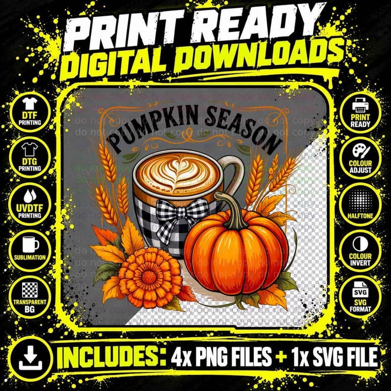 Coffee Mug Plaid Bow Pumpkin Fall T-Shirt Png SVG Digital Bundle
