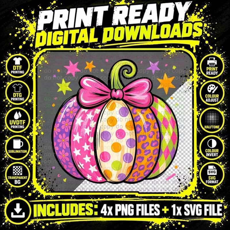 Colorful Patterned Pumpkin Bow Fall T-Shirt Png SVG Digital Bundle