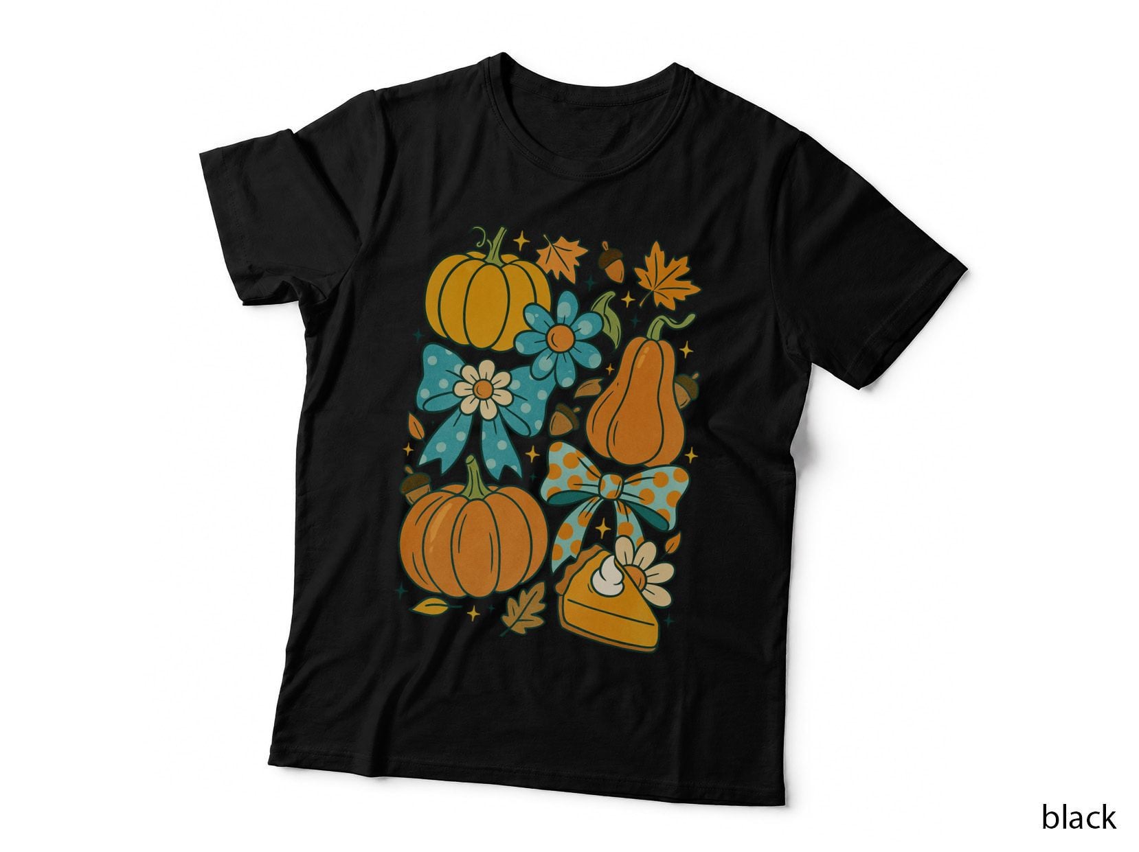 Colorful Pumpkins Bows Flowers Fall T-Shirt, Autumn Season Graphic Tee