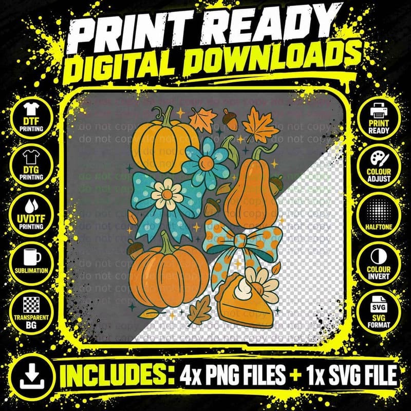 Colorful Pumpkins Bows Flowers Fall T-Shirt Png SVG Digital Bundle