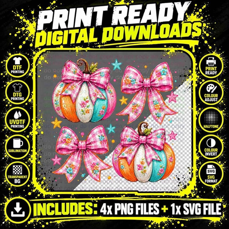 Colorful Pumpkins Bows Pattern Fall T-Shirt Png SVG Digital Bundle