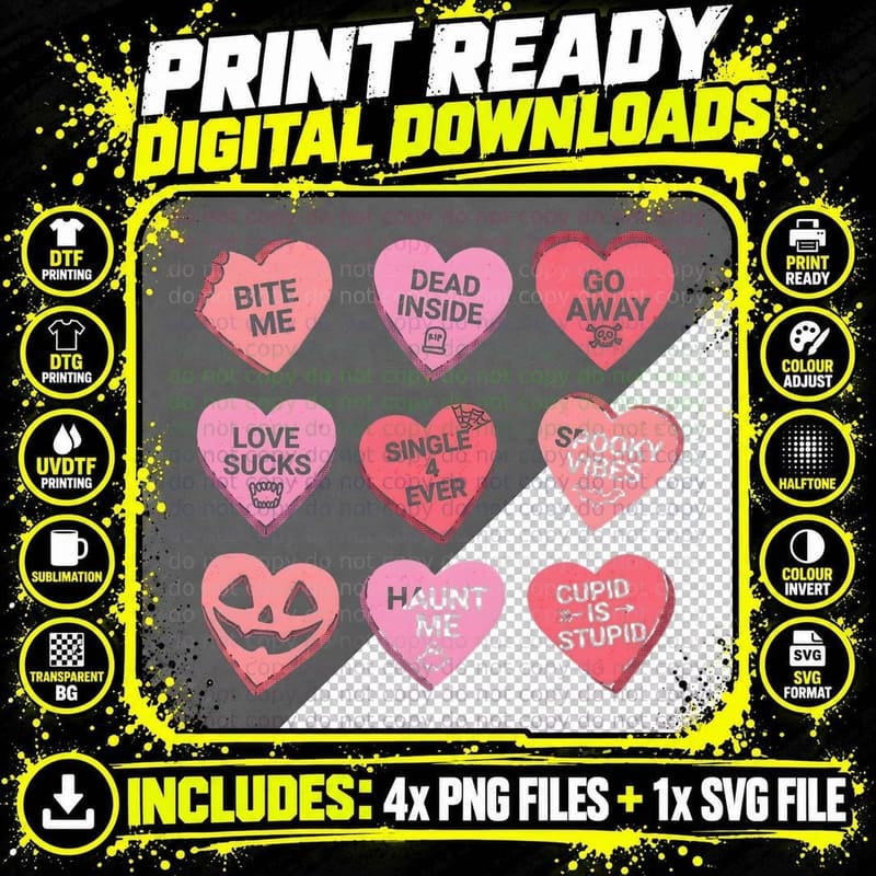 Conversation Hearts Bite Me Dead Inside Go Away Love Png SVG Digital Bundle