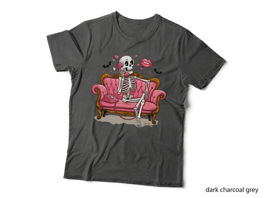 Couch Skeleton on Pink Bats Hearts Vintage Retro T-Shirt