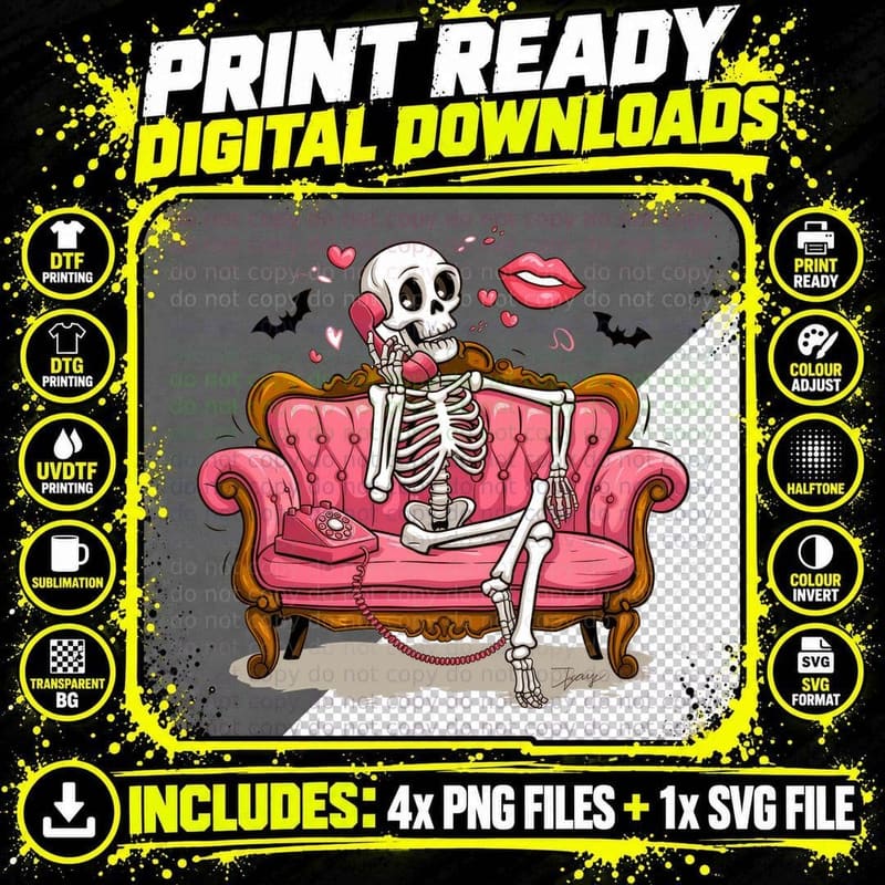 Couch Skeleton on Pink Bats Hearts Vintage Retro T-Shirt Png SVG Digital Bundle