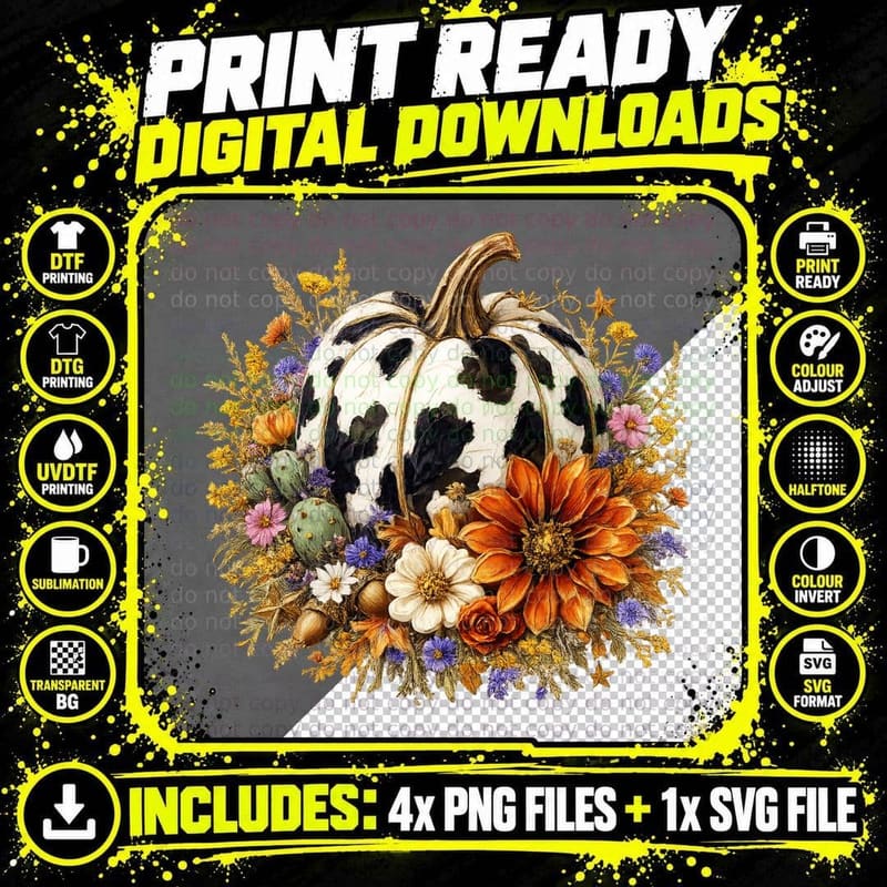 Cow Girl Era Fall T-Shirt, Cow Print Pumpkin Flowers Png SVG Digital Bundle