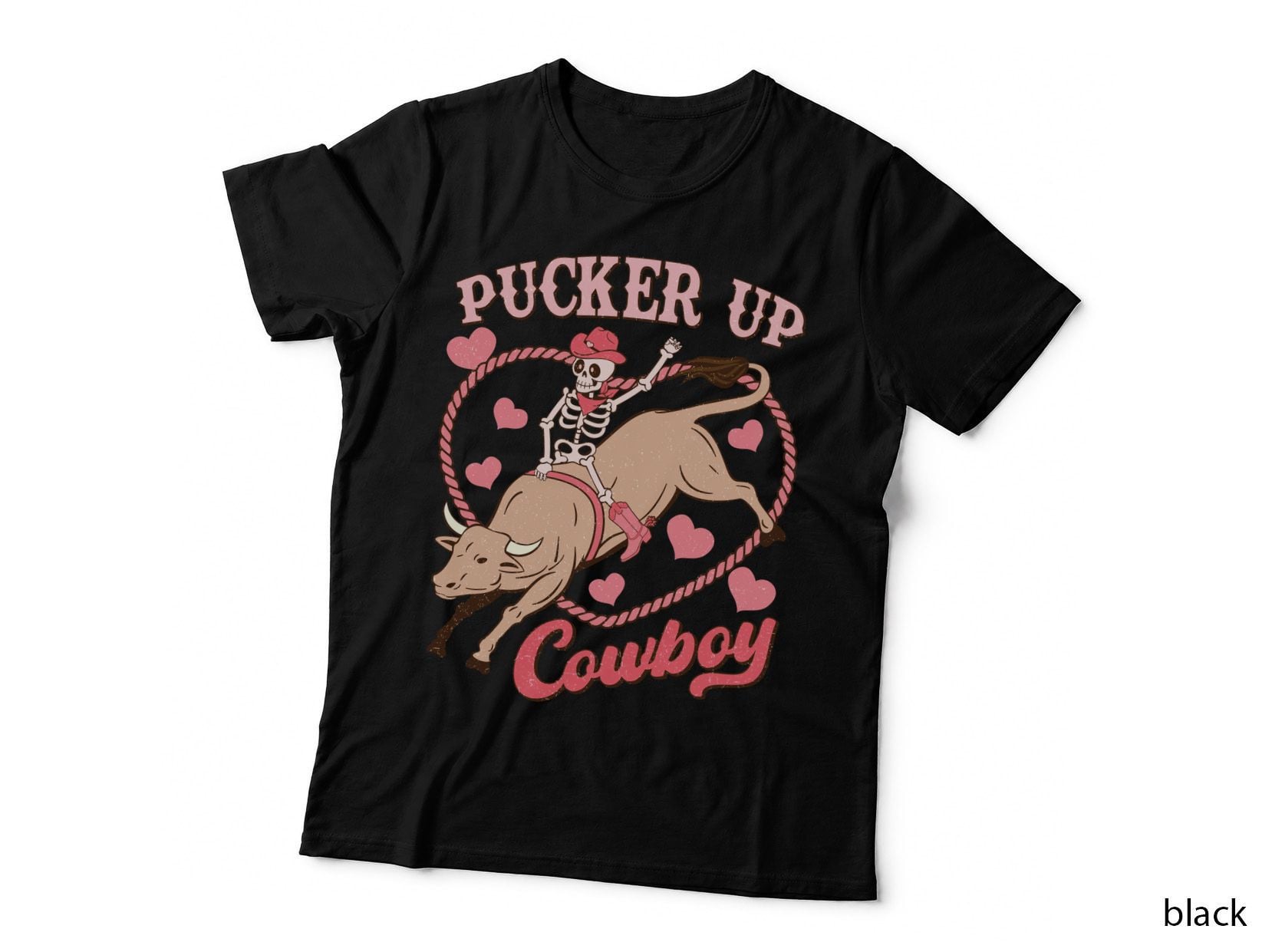 Cowboy Skeleton Pucker up Western Bull Rider Vintage Retro Pink Hearts T-Shirt