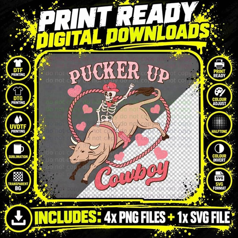 Cowboy Skeleton Pucker up Western Bull Rider Vintage Png SVG Digital Bundle